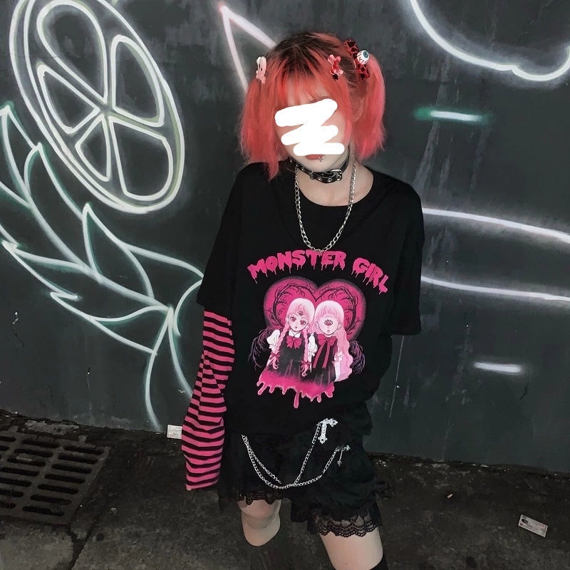 Áo thun đen tai dài dáng rộng phong cách Harajuku thời trang cho nữ