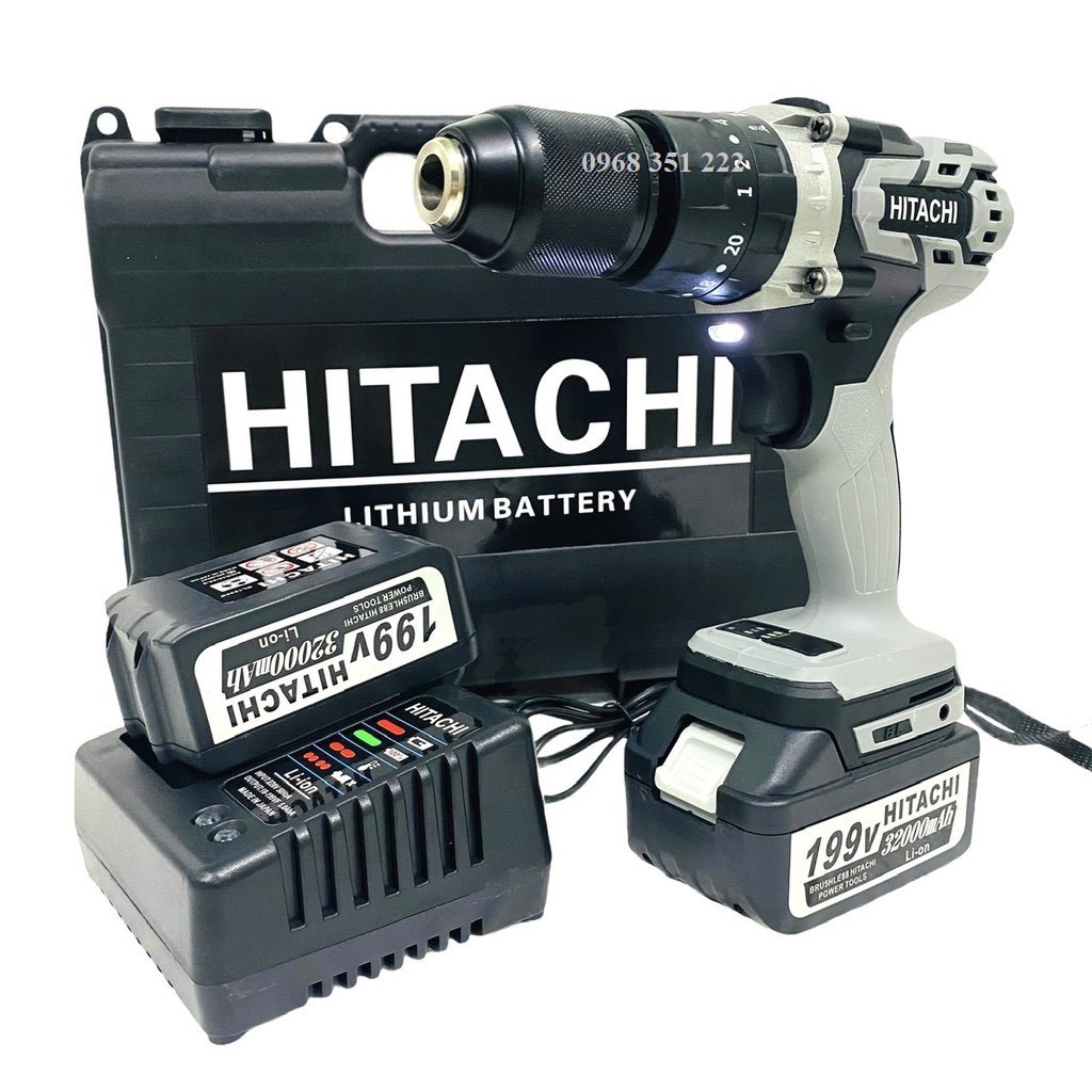 Máy Khoan Pin HITACHI 199V Động Cơ Không Chổi Than, Đầu Auto Lock 13mm