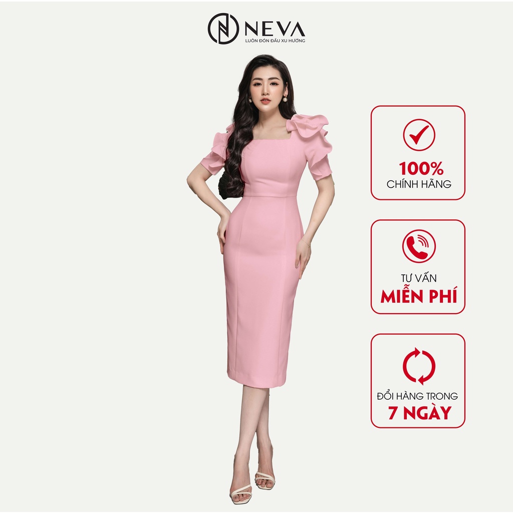 Đầm Ôm Body NEVA Đính Hoa Trà Cầu Vai Trắng Hồng Đen W430269