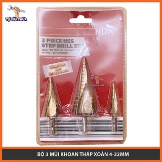 Mũi khoan tháp xoắn HSS mạ titan hình nón 4-12mm 4-20mm 4-32mm Bộ 3 mũi khoan tháp nón, Bộ mũi khoan tháp tầng hàng xịn