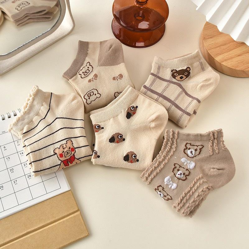 PVN49400 Set 10 đôi tất cổ thấp nữ họa tiết hình gấu dễ thương, vớ nữ phong cách Hàn Giá Rẻ