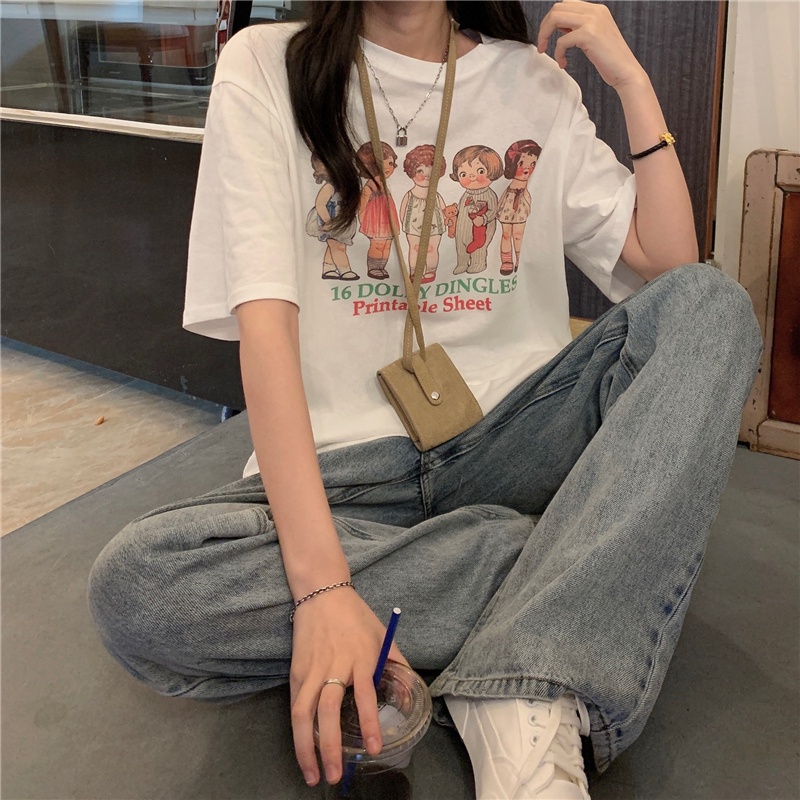 SUXI Áo Thun Tay Ngắn Cổ Tròn Form Rộng In Họa Tiết Hoạt Hình Thời Trang Mùa Hè Cho Nữ