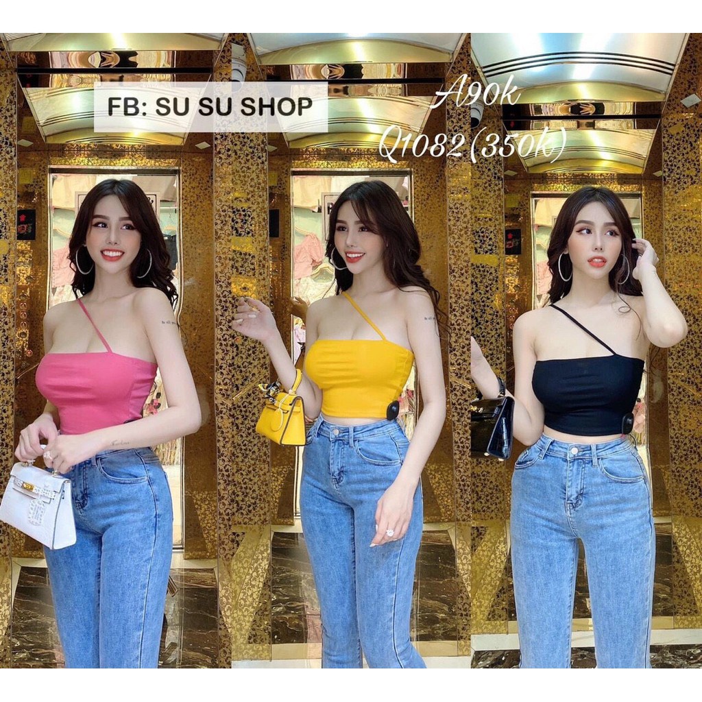 Áo croptop 1 dây lệch vai chất thun borip