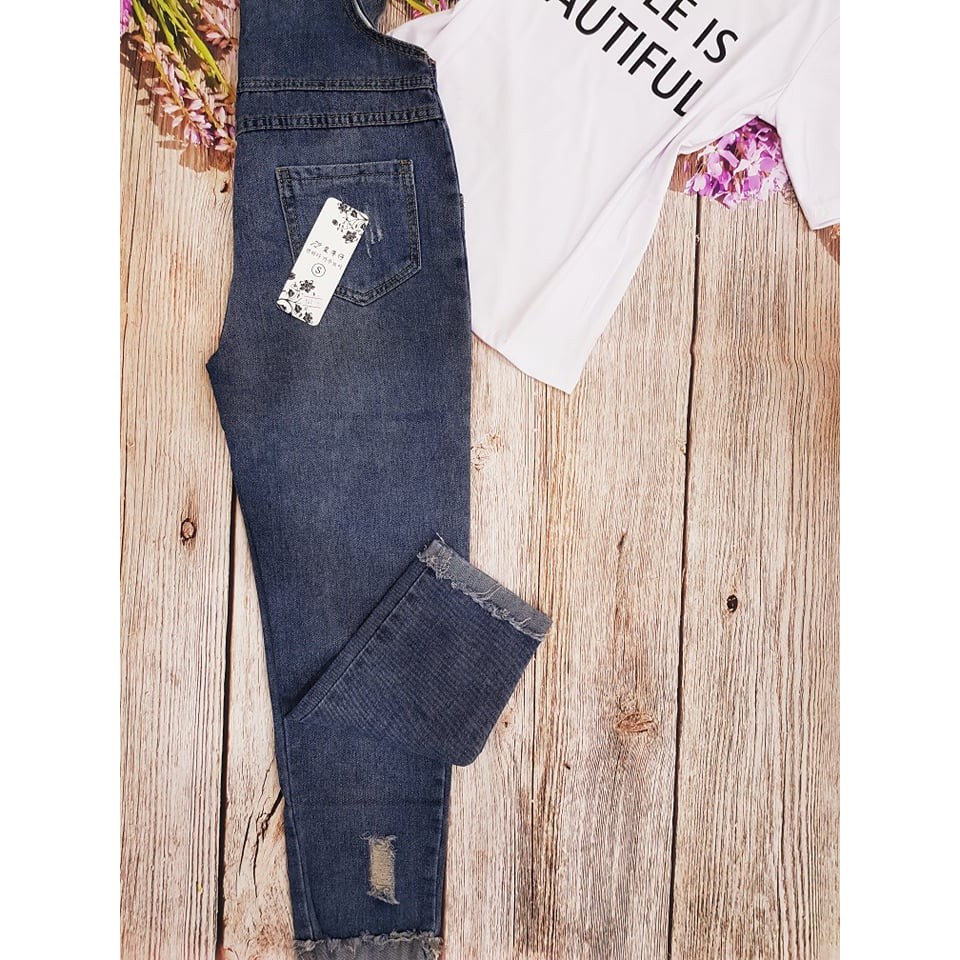 Set Quần Yếm Jean Rách kèm Áo Thun Cotton hàng nhập Quảng Châu chuẩn form