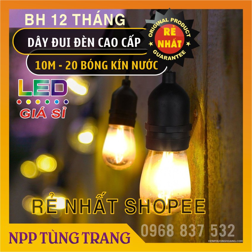 Dây đui đèn trang trí ngoài trời kèm bóng edison vintage dùng cho quán cà phê, trà sữa, nhà hàng quán ăn...