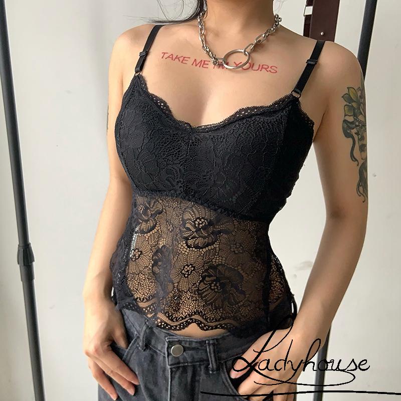 Áo tank top hai dây phối ren họa tiết bướm hở lưng có thể điều chỉnh thời trang mùa hè cho nữ