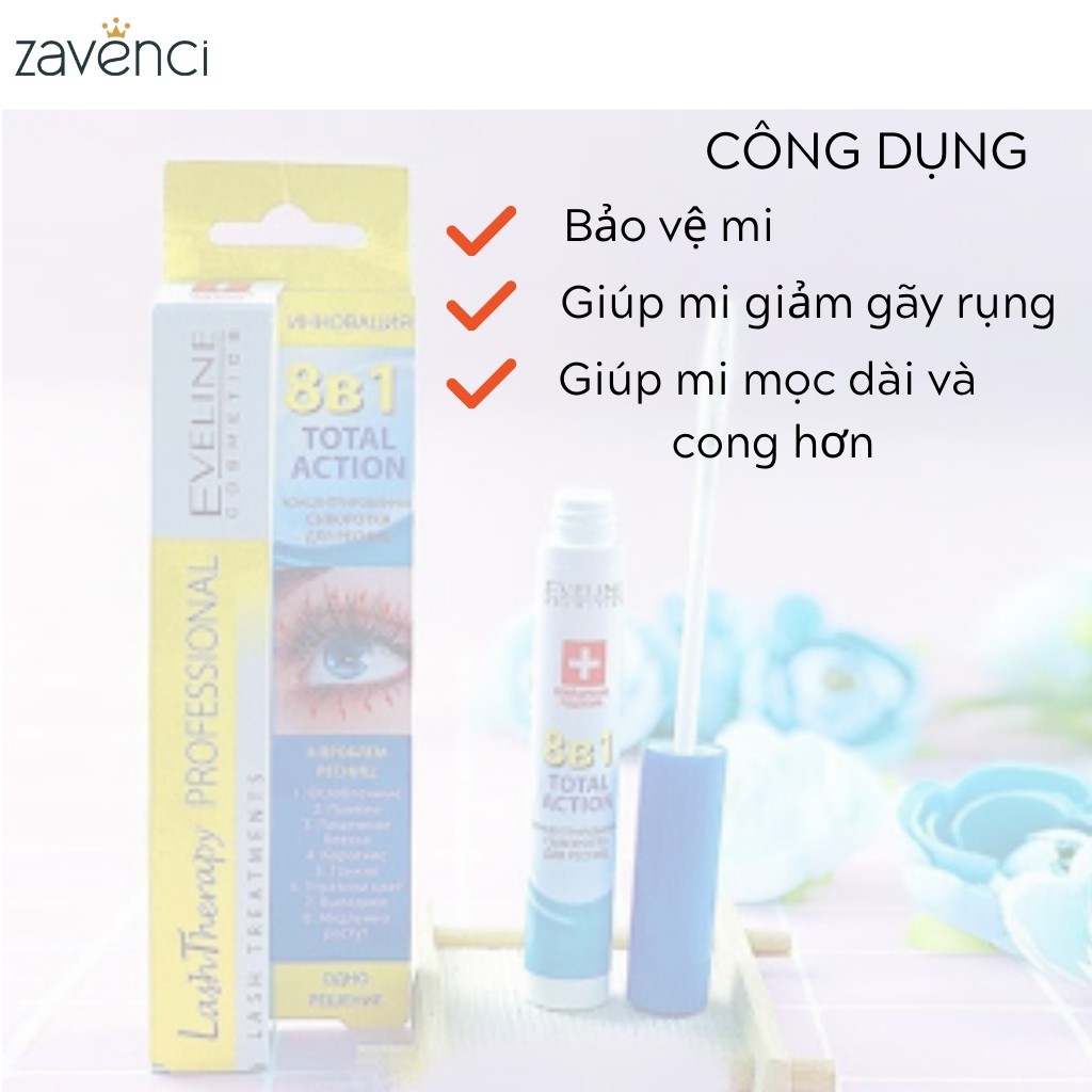 Huyết thanh Dưỡng mi Eveline 8 in 1 Total Action Lash Therapy professional Dưỡng Dài Và Cong Mi (10ml)