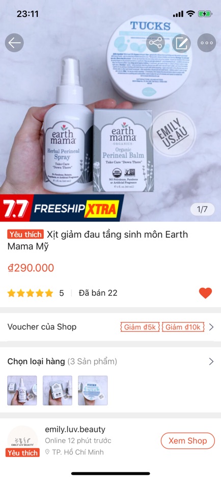 [Mã FMCGSALE15 giảm 8% đơn 500K] Xịt giảm đau tầng sinh môn Earth Mama Mỹ