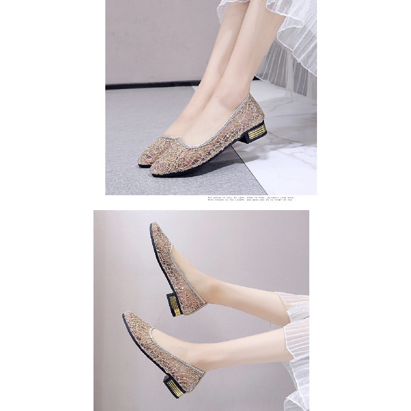 Giày Búp Bê Mũi Nhọn Đế Bằng Phối Ren Lưới Thời Trang Mùa Xuân Kiểu Mới Cho Nữ