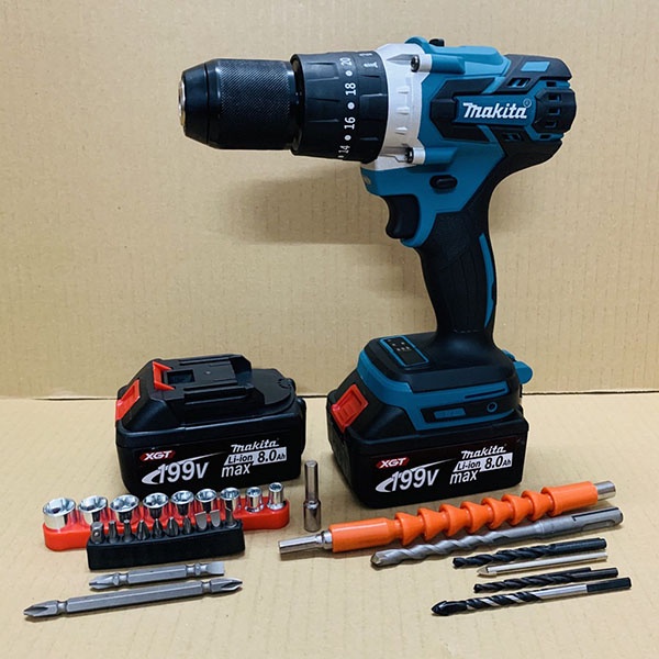 Máy khoan pin Makita 199V - KHÔNG CHỔI THAN, 3 chức năng, đầu auto lock 13 ly - Có búa khoan tường