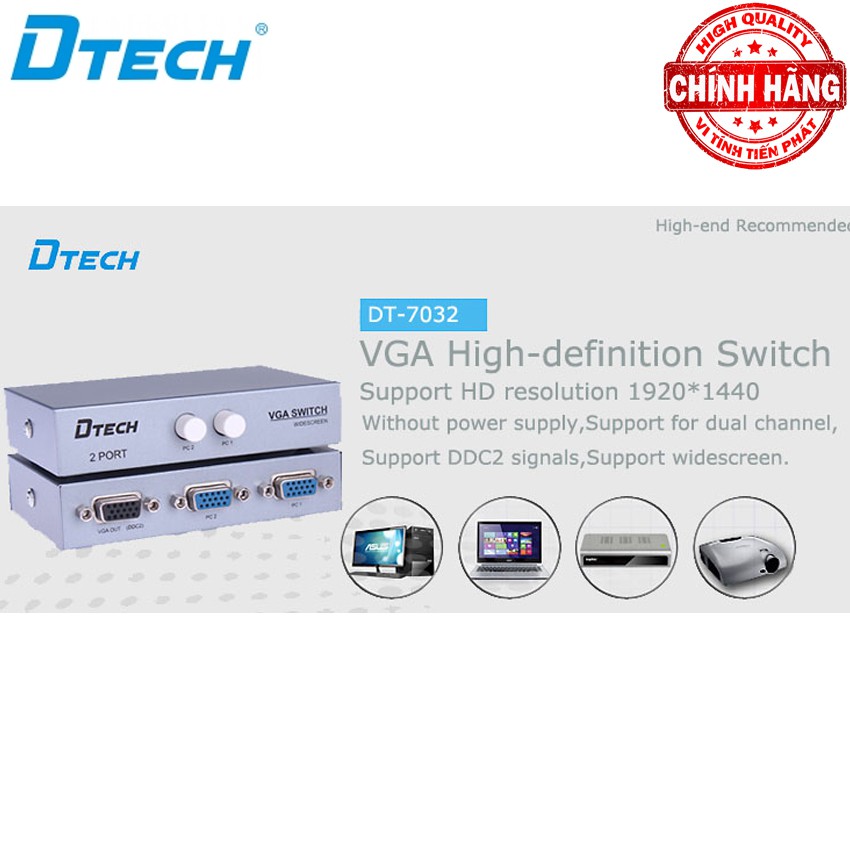 Switch bộ chia cổng VGA 2 ra 1 (2 máy tính ra 1 màn hình) Dtech DT-7032