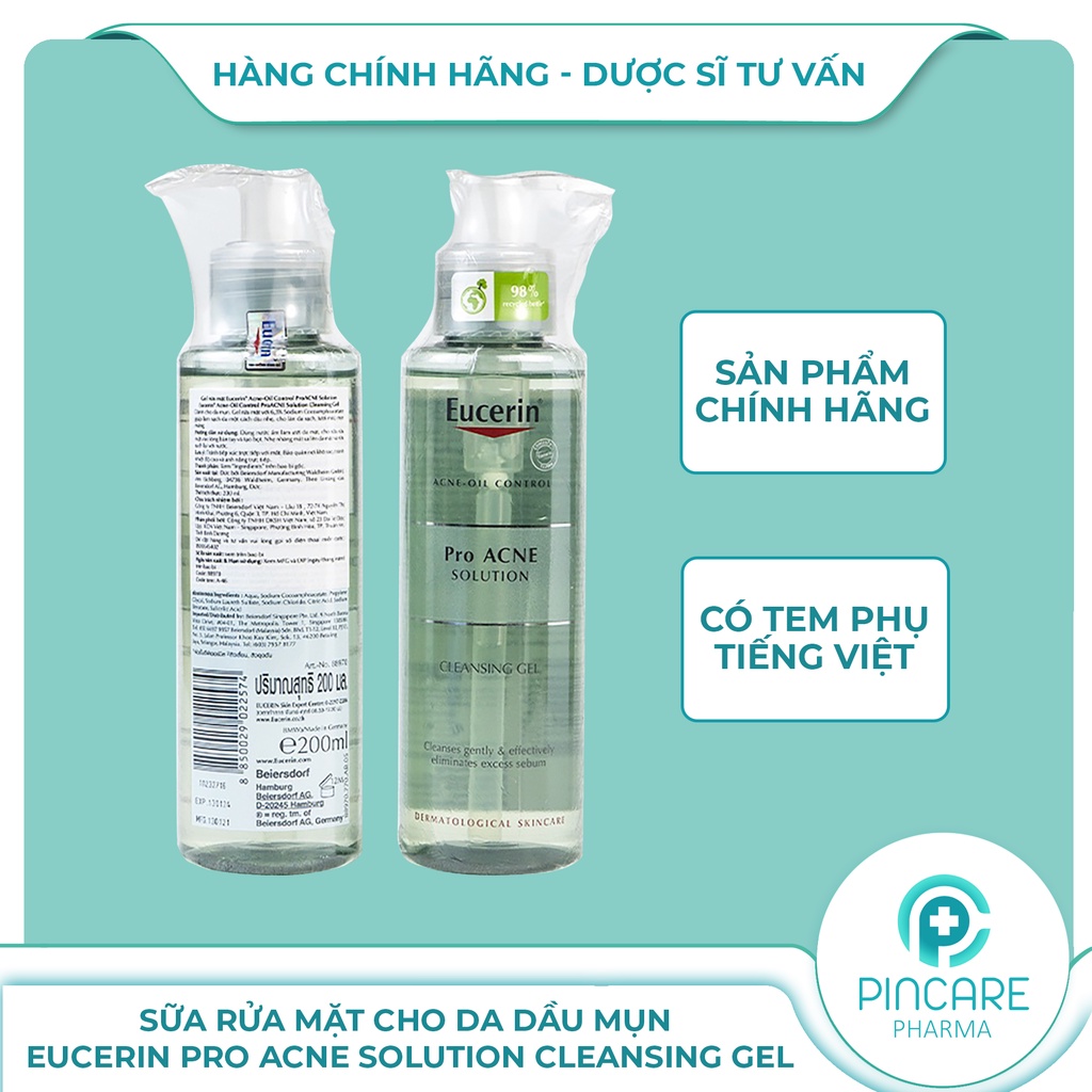 Sữa rửa mặt cho da dầu mụn Eucerin Pro ACNE Solution Cleansing Gel 200ml - Hàng chính hãng - Nhà thuốc PinCare