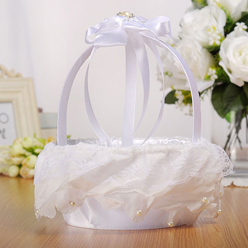 Giỏ Hoa Nhỏ 7.1in Bằng Vải Satin Phối Ren Trắng Dùng Trang Trí Đám Cưới Wx8.7In H