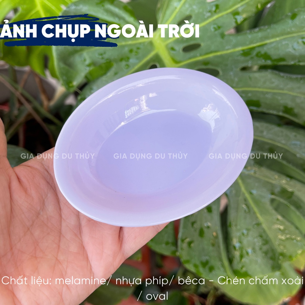 Dĩa chấm, chén nước mắm nhựa melamine nhựa phíp hình tròn, hình oval, màu trắng, vàng, xanh, hoa văn màu đỏ màu xanh