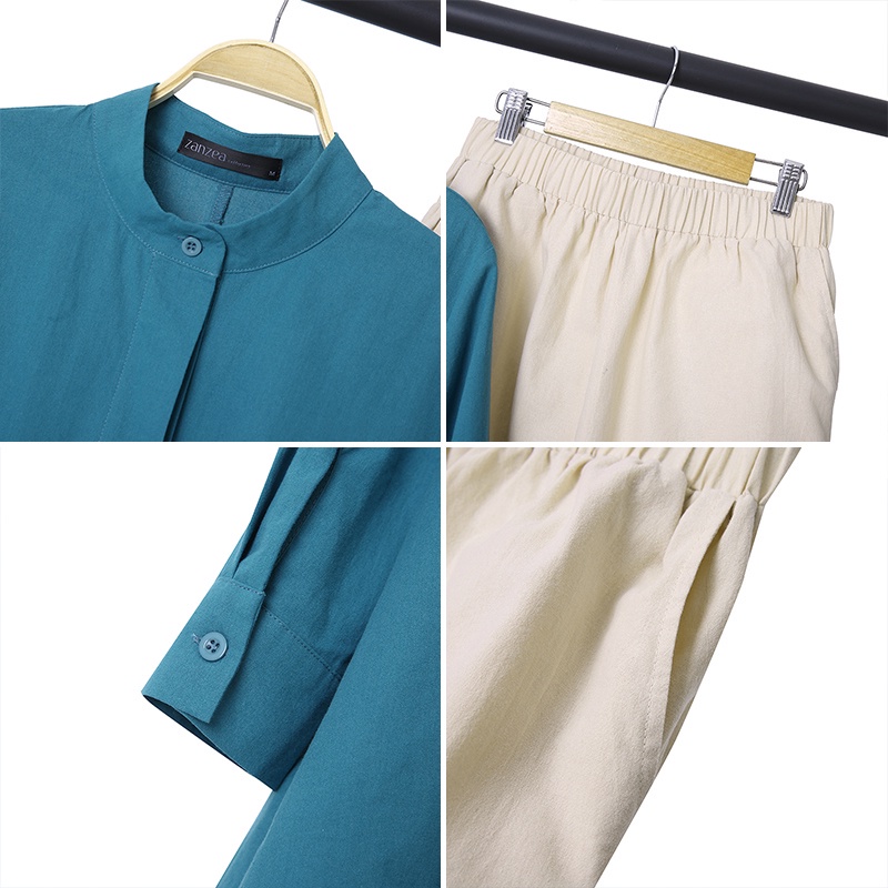 Set Áo ZANZEA dài tay màu trơn và Quần dài lưng thấp co giãn vintage cho nữ