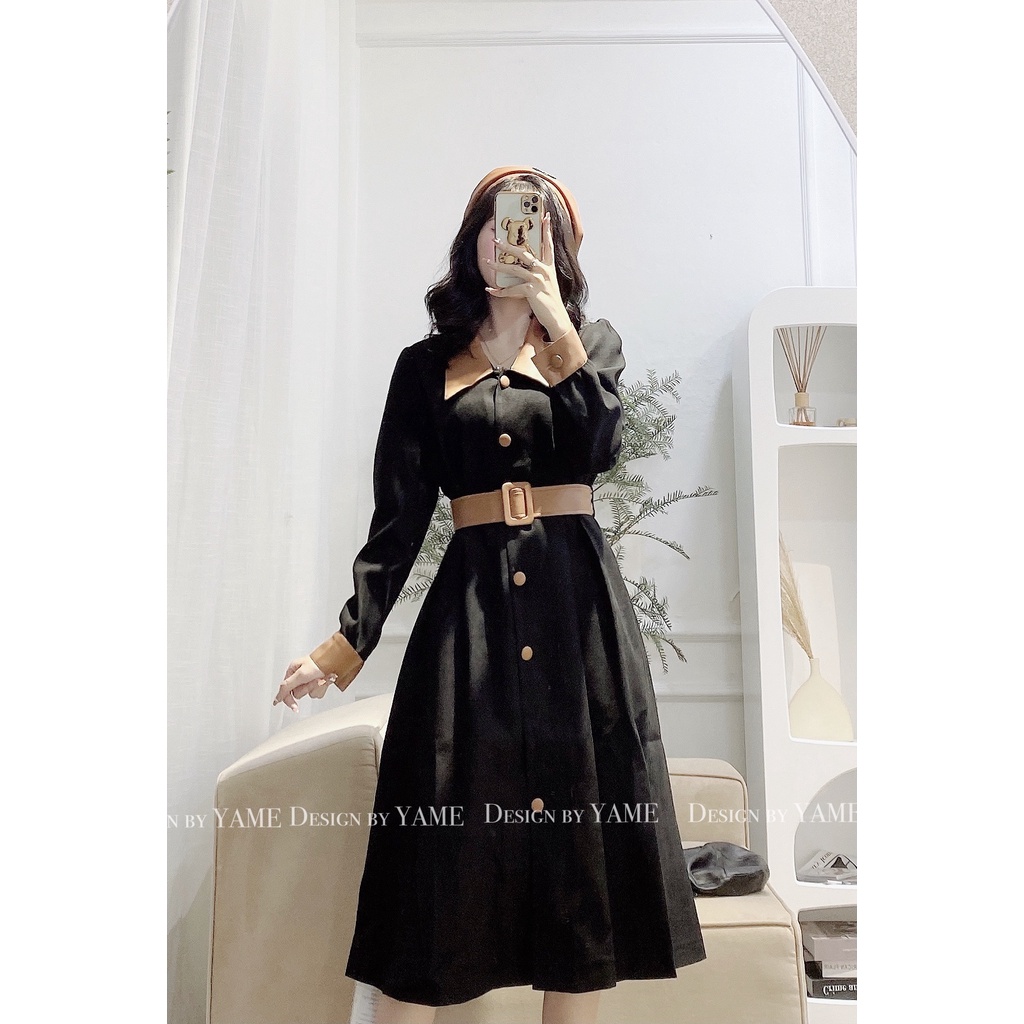 Váy nhung phối da nâu dáng dài cổ sơ mi kèo đai belt cực tôn dáng YAME