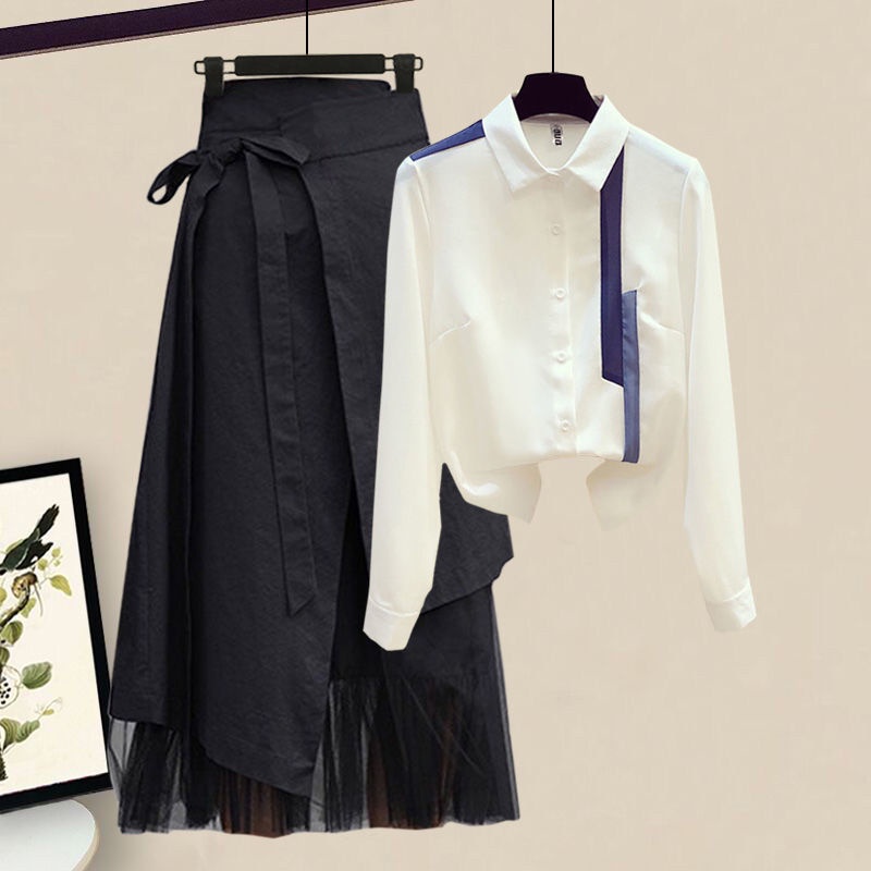 Bộ Áo Sơ Mi Dáng Rộng + Chân Váy Phong Cách Phương Tây Thời Trang 2022 Plus Size 07.28