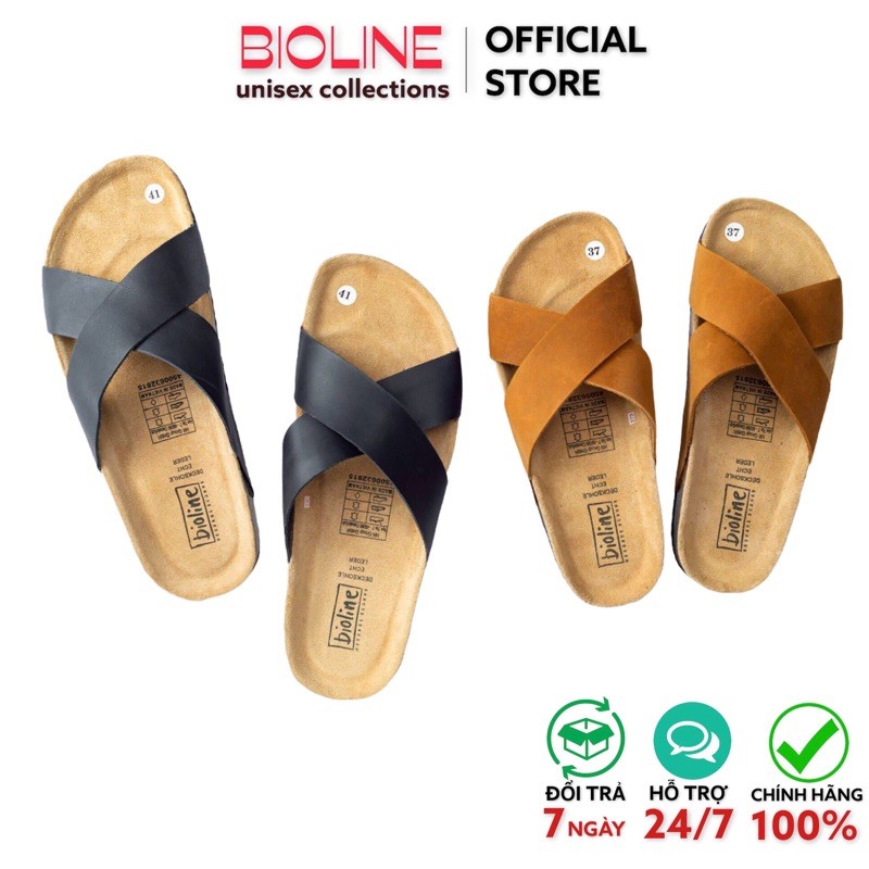 [DÉP DA THẬT] Dép birken quai chéo Bioline đế trấu da bò thật unisex mã B03 - Bioline Official