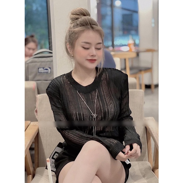 Xả hàng - Áo len mỏng lưới sợi kèm dây xích, Áo kiểu len dài tay kẻ ngang AL8821 - NhiNhi Shop