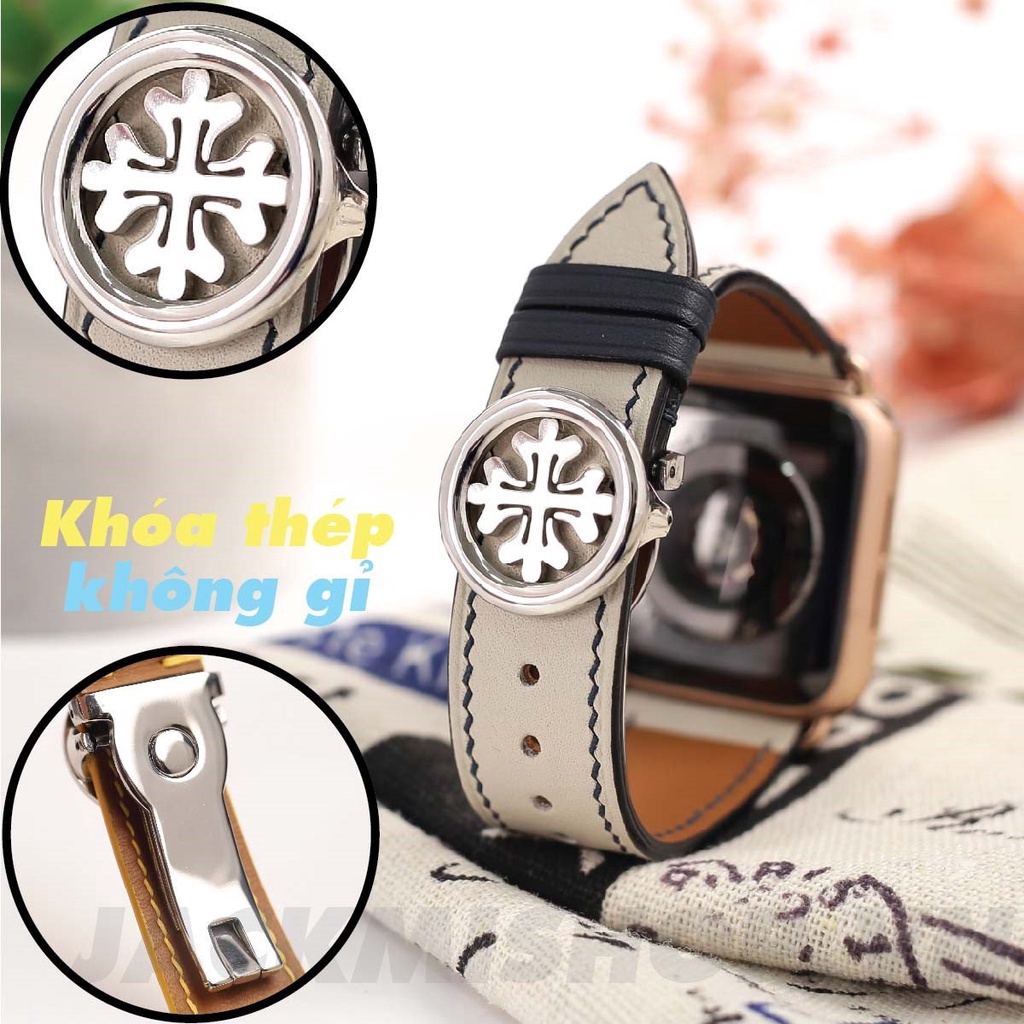 [DÂY DA THẬT] DÂY DA BÊ SWIFT MAY TAY THỦ CÔNG MÀU KEM CHỈ ĐEN KHÓA PATEK CHO APPLE WATCH SERIES 1=&gt;6 (BẢO HÀNH 1 NĂM)