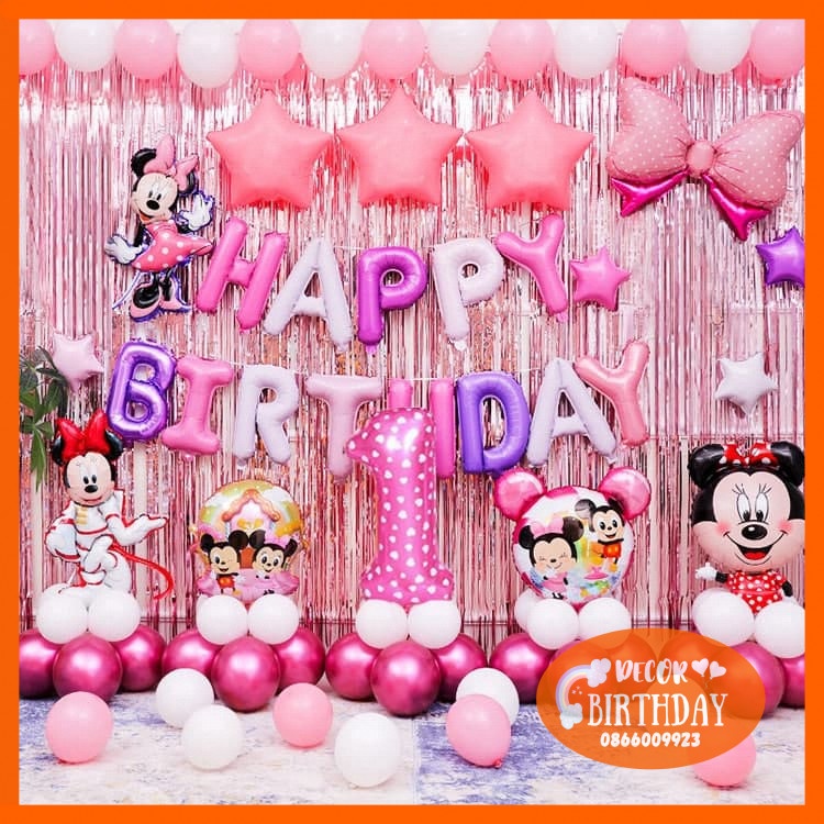 Set Trang Trí Sinh Nhật TUỔI CHUỘT Cho Bé Gái, Bóng Hình Mickey Đủ Mẫu, Set Y Hình Tặng Kèm Đồ Bơm Băng Dính