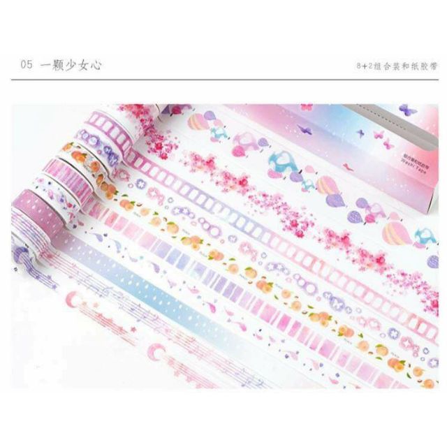 ✨Set 10 cuộn băng dính trang trí washi tape theo chủ đề ngọt ngào, đơn giản, lãng mạn