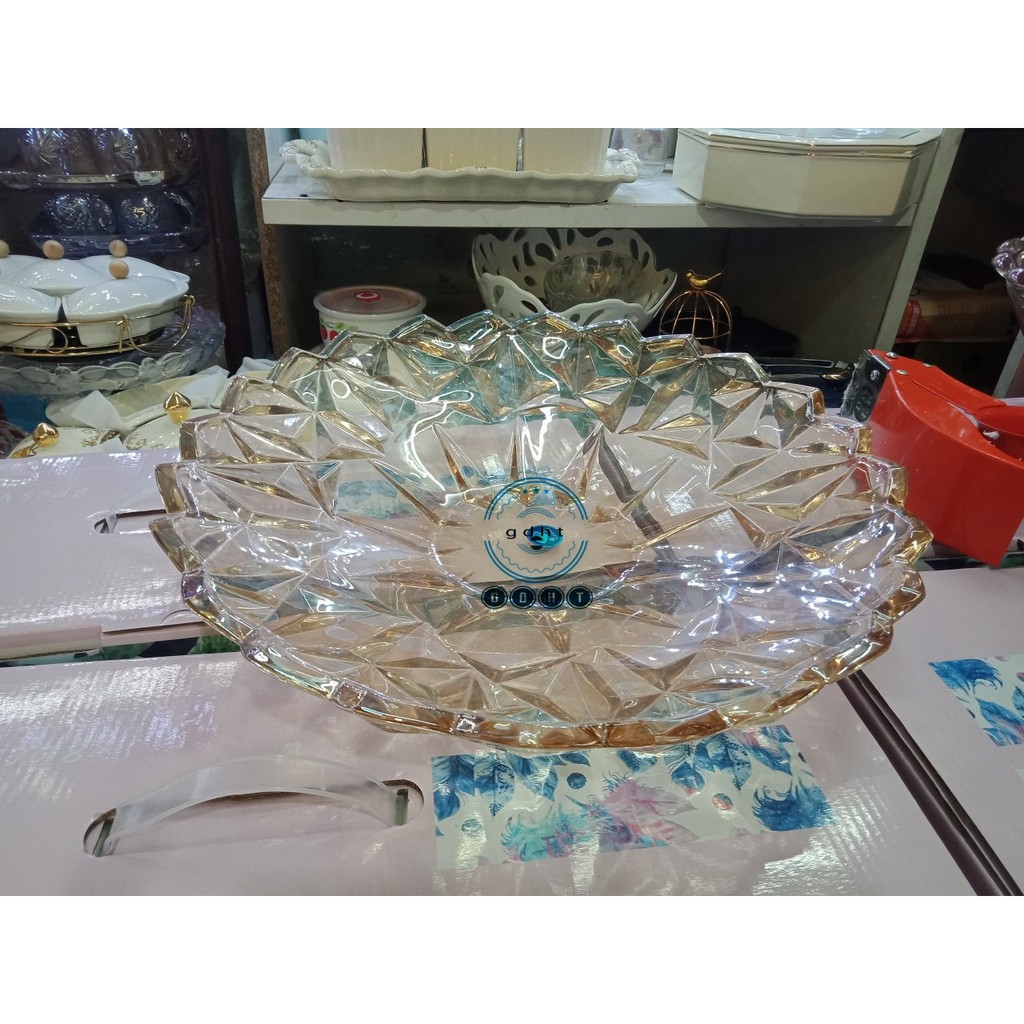 ĐĨA THỦY TINH VÀNG HÌNH HOA  ĐỰNG HOA QUẢ HÀNG ĐẸP GIÁ RẺ
