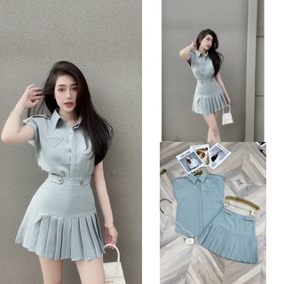 Set Đồ Nữ Ms.1345 Áo Sơ Mi Tay Cánh Rơi Phối Túi Mổ, Kèm Chân Váy Đuôi Cá Xếp Ly Nhỏ Chất Vải Trượt, Tone Xanh Min