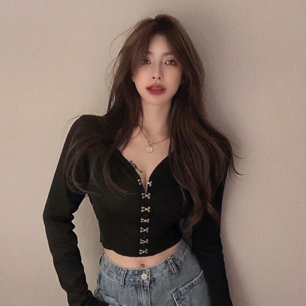 Jiashucheng Áo Croptop Dệt Kim Tay Dài Cổ Chữ V Thời Trang Thu Đông Phong Cách Mới