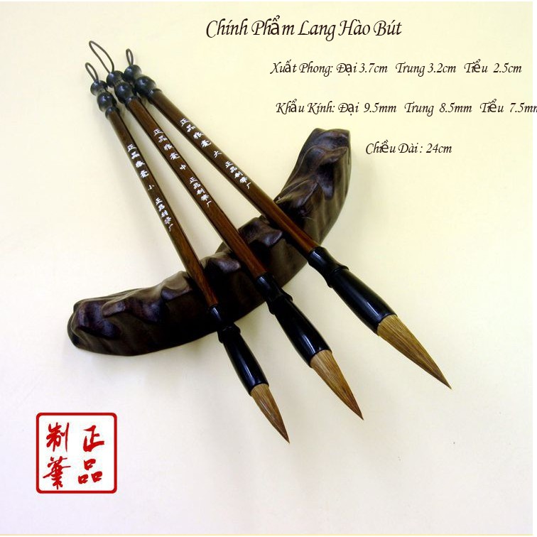COMBO 3 Bút Lông Thư Pháp - Chính Phẩm Lang Hào Cỡ Tiểu - Trung - Đại luyện viết chữ Hán, chữ Trung Quốc, chữ thư pháp