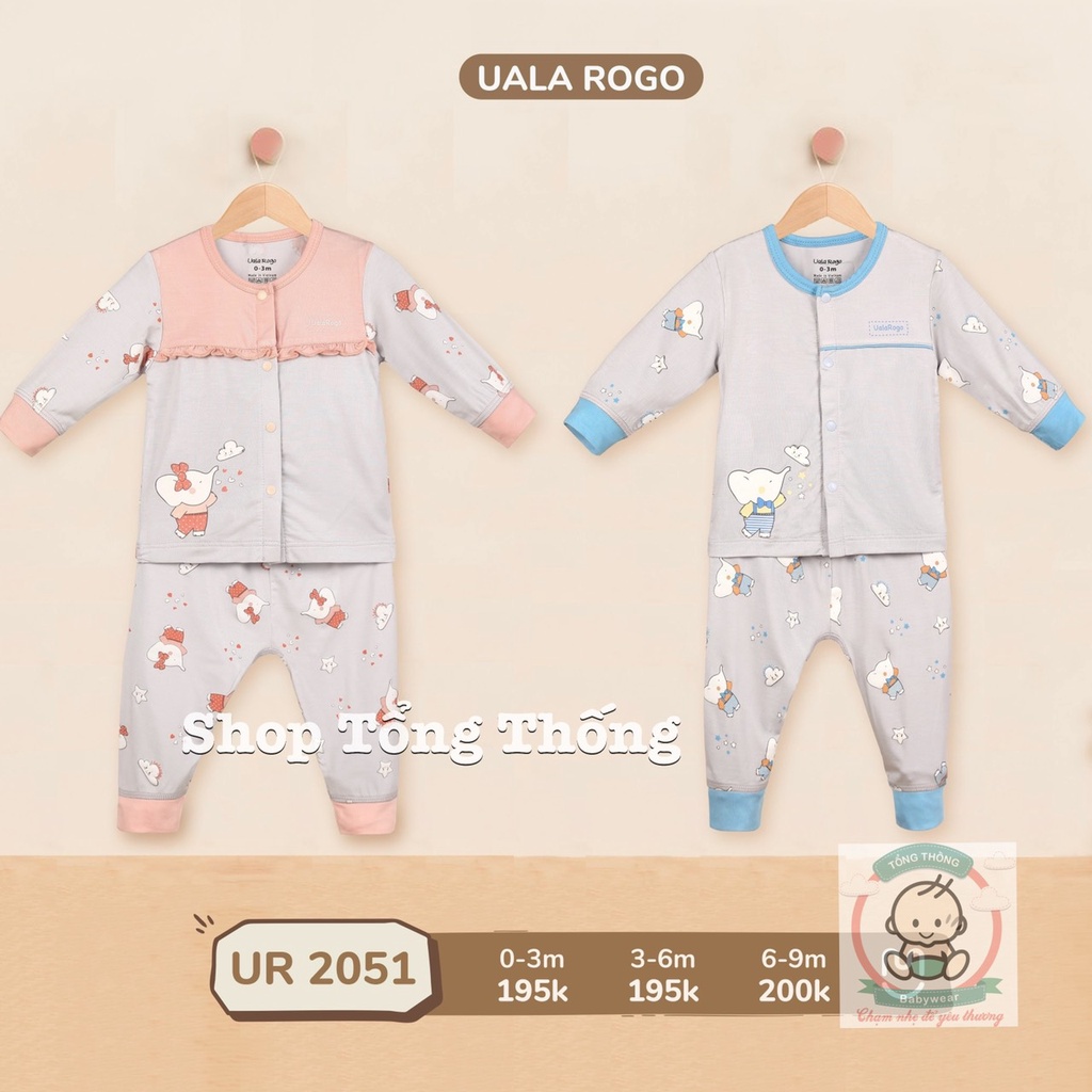 Bộ Uala Rogo Bamboo mềm mịn cao cấp thấm hút tốt dài tay sơ sinh cài giữa họa tiết viền mớii cho bé 2018 2051 2032