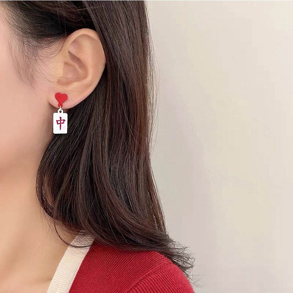 Khuyên tai hình trái tim mạt chược phong cách Hàn Quốc thanh lịch cho nữ