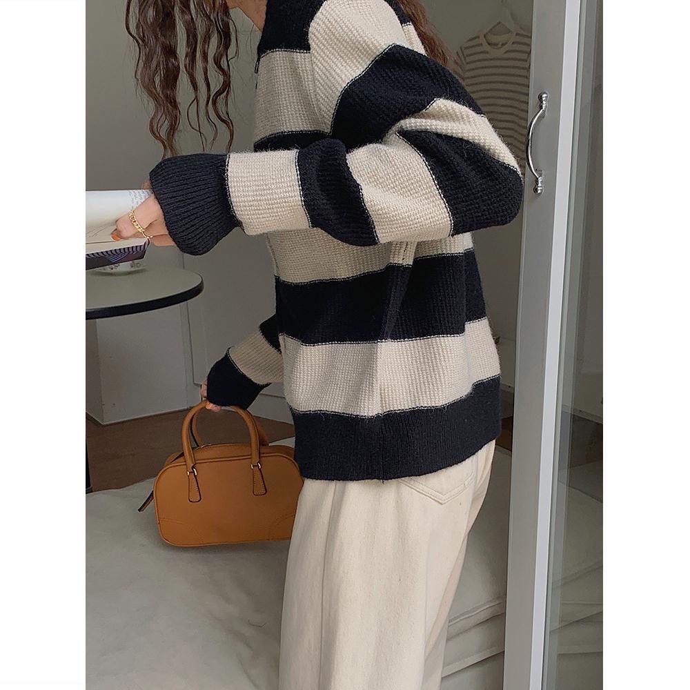 Áo cardigan Dệt Kim Ngắn Tay Cổ Tròn Họa Tiết Kẻ Sọc Trắng Đen Đơn Giản Phong Cách Hàn Quốc Dễ Phối Đồ