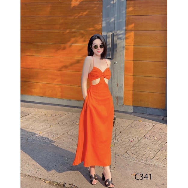 Đầm dây dáng dài cut eo hồng trendy