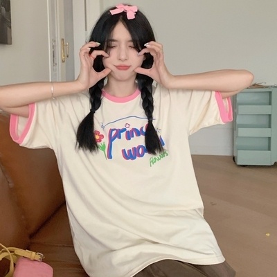 Áo Thun Dáng Rộng Màu Sắc Tương Phản Dễ Phối Đồ Thời Trang Mùa Hè Phong Cách Hàn Quốc Cho Nữ