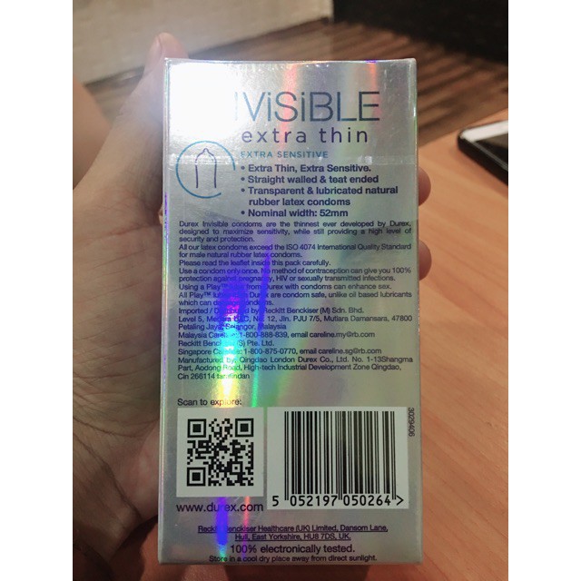 Hộp 10 BAO CAO SU SIÊU MỎNG DUREX INVISIBLE EXTRA THIN - cho cảm giác thật như không sài bao