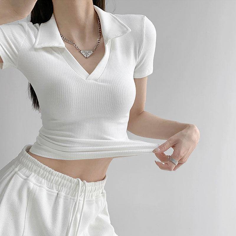 Áo Thun polo Dệt Kim Lụa Lạnh Ôm Dáng Cổ Chữ v Thời Trang Mùa Hè Hàng Mới Dành Cho Bạn Nữ 2022