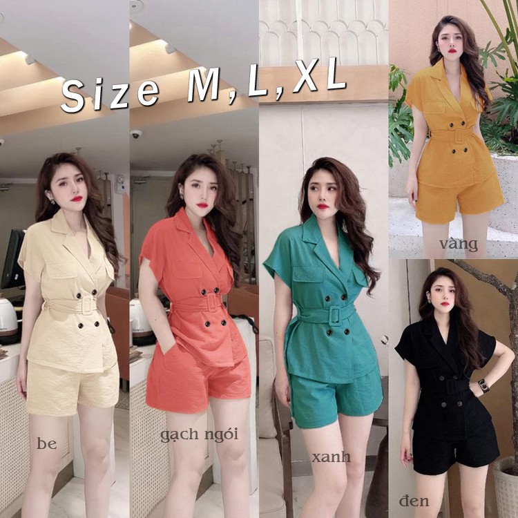 Set nguyên bộ quần short áo 4 nút cổ vest thắt lưng xinh xắn Mã J1095