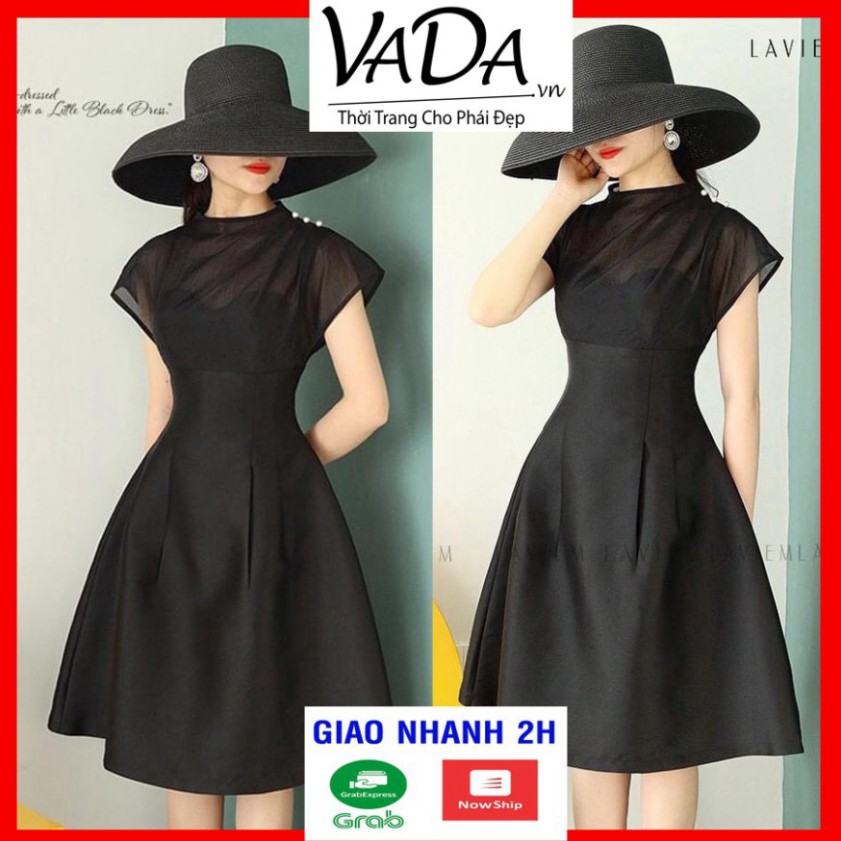 Đầm dáng xòe dự tiệc, dạo phố xinh yêu, cổ tròn vai đính hạt ngọc giả siêu sang siêu đẹp - Thời Tra