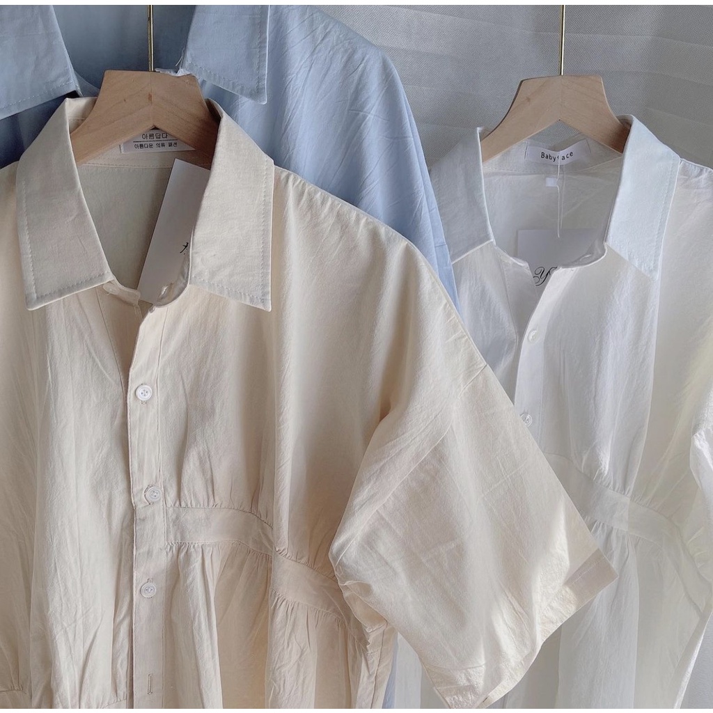 [SẴN] Áo sơ mi cộc tay vạt lệch nhún cách điệu chất đũi mát mẻ cực sịn màu trắng kem vintage(Ảnh thật) | BigBuy360 - bigbuy360.vn