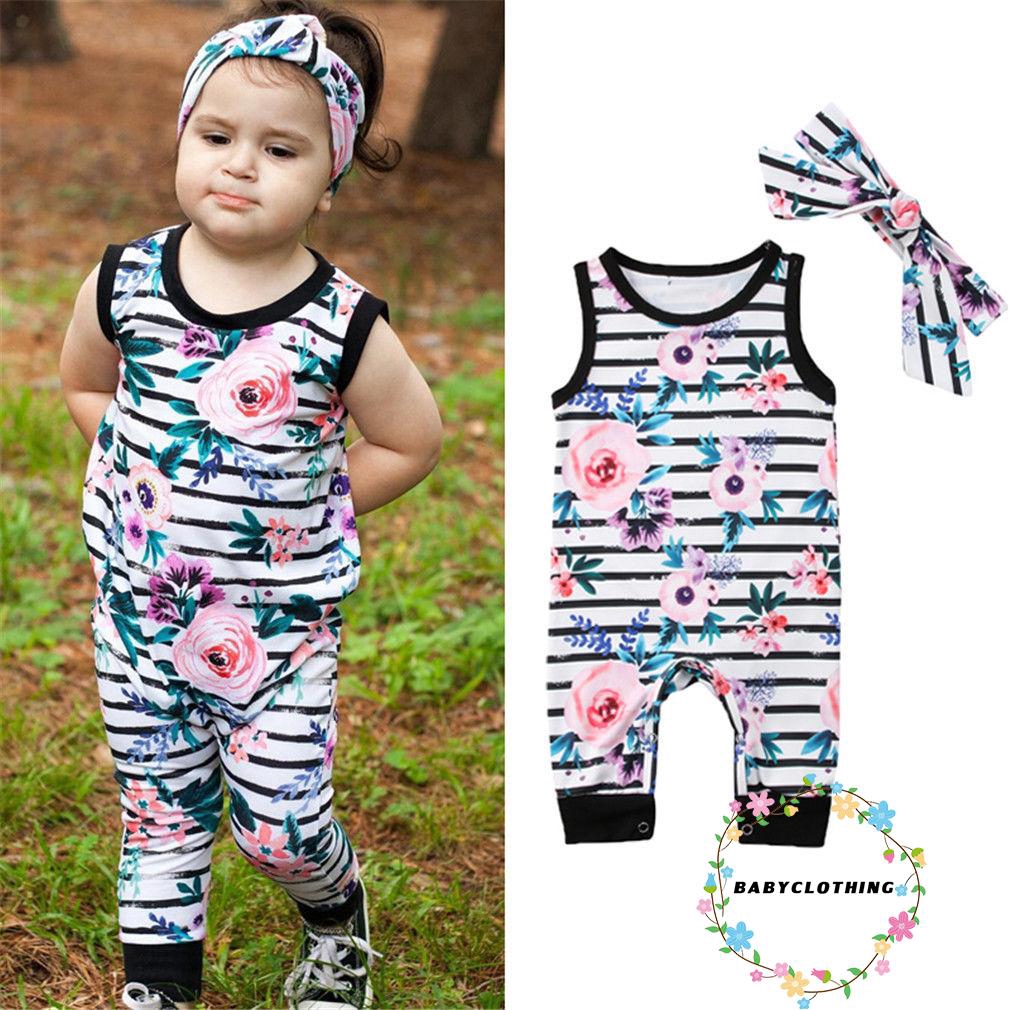 Bộ áo liền quần và băng đô in họa tiết hoa xinh xắn dành cho bé gái