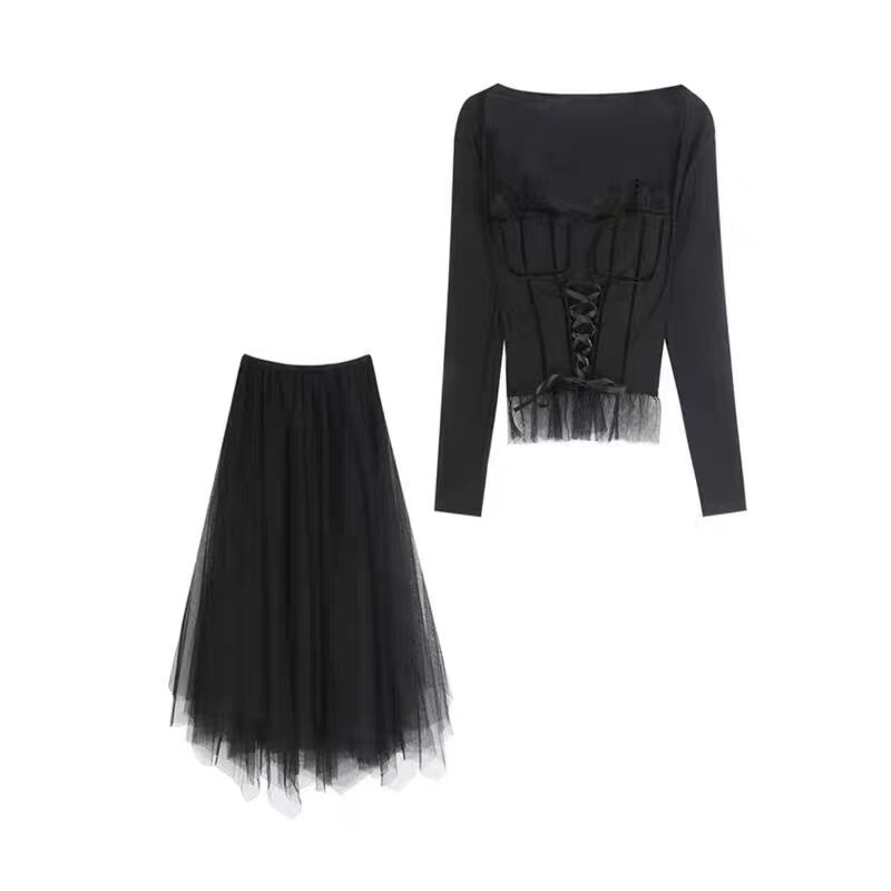 Set áo cúp ngực đan dây bụng+chân váy von xoè dài tiểu thư huyền bí