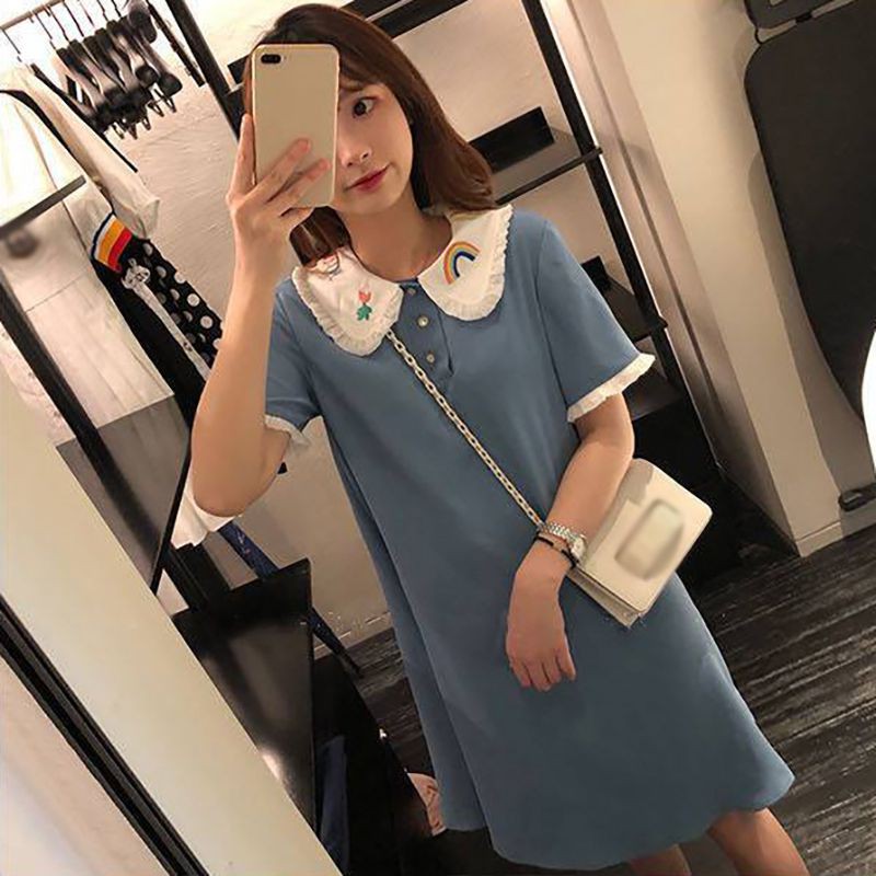 Đầm ngắn cổ búp bê tay ngắn màu trơn dáng rộng thời trang cho nữ