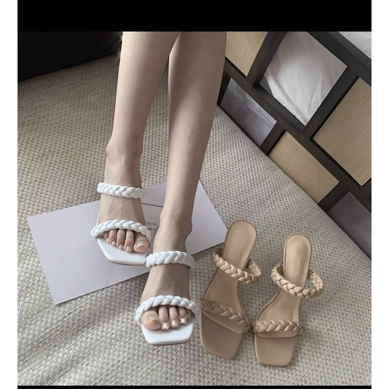 Guốc 2 quai dây bính phồng gót mica nhọn 8p (hàng đẹp)