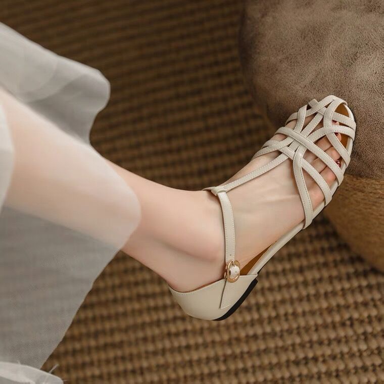 ❤Giày Sandal Đế Thấp Thiết Kế Một Hàng Nút Phong Cách Bohemian Hàn Quốc Cho Nữ