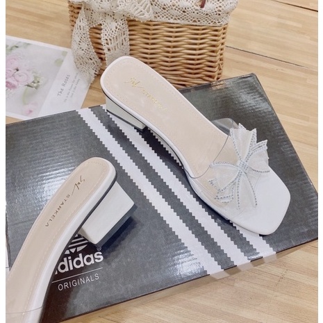 Guốc nữ đính nơ bánh bèo phối quai trong gót vuông 3cm mã s162