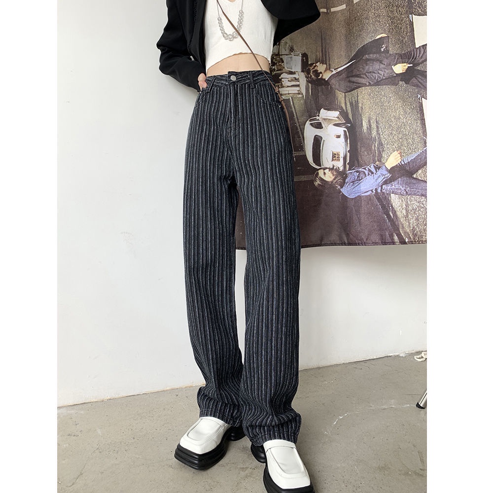 ☏△∏ Quần Jean Ống Rộng Kẻ Sọc Dọc Màu Đen Phong Cách Âu Mỹ Thời Trang Xuân Thu 2022 Cho Nữ