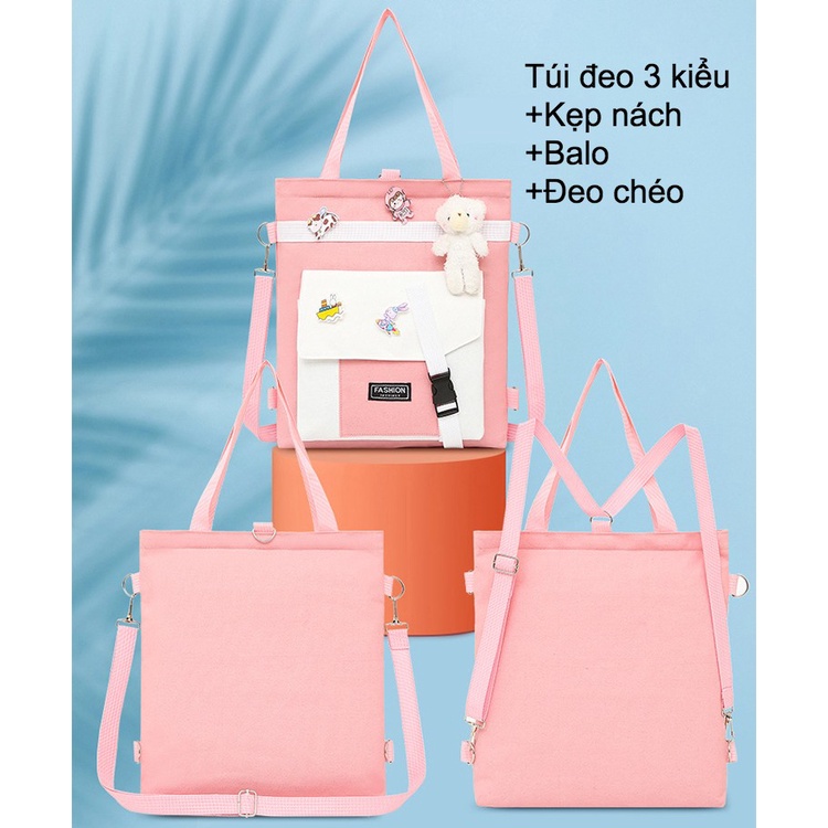 Túi tote kiêm Balo đi học đựng sách vở, vải Oxford chống thấm nước, nhiều ngăn, đựng vừa sổ A4