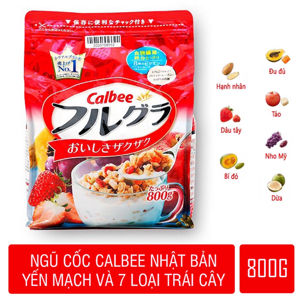 Ngũ cốc calbee nhật bản dùng ăn sáng mix với trái cây hoa quả, sữa chua gói calbee đỏ 800g [Date T10/2022]