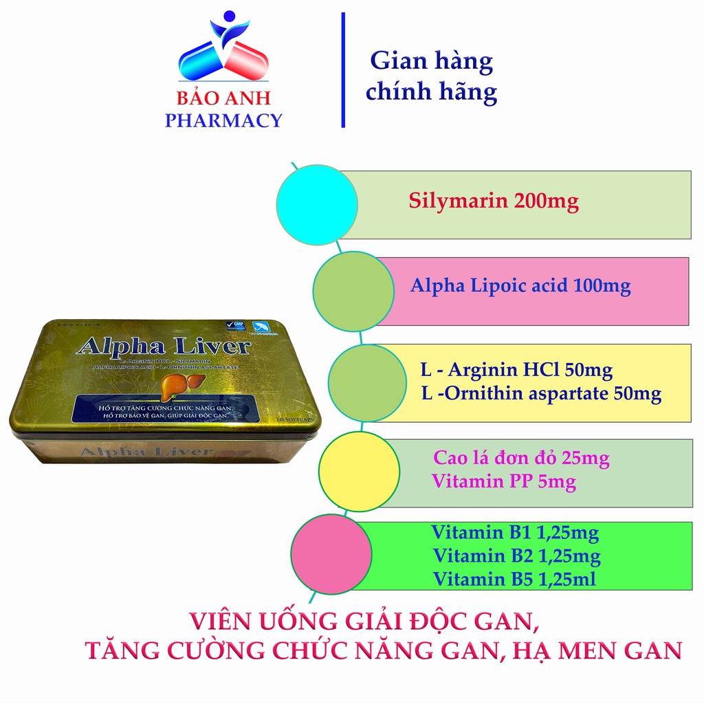 Viên bổ gan, giải độc gan cao cấp giúp mát gan, hạ men gan, giảm mụn, tránh mề đay, ngứa, giải rượu - Alpha Liver 60viên